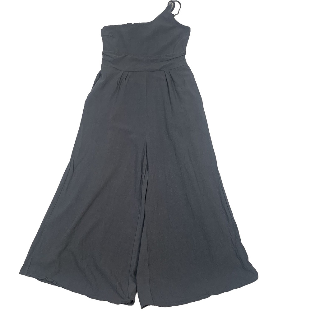 ANRABESS One Shoulder Jumpsuit Women’s Medium Charcoal Wide Leg Linen Blend